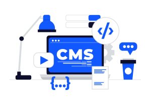 Op de afbeelding van het kiezen van WordPress plugins op een laptop met CMS-tekst, notities, een lamp en hoekige haakjes, illustreert de WordPress plugin selectie het proces van optimaliseren en aanpassen van functionaliteiten